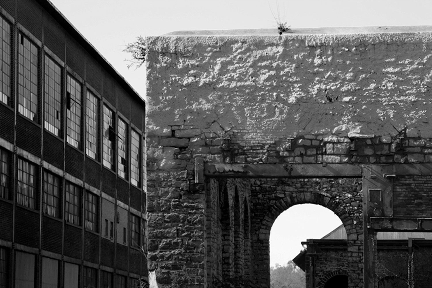 Black & White image of closeup stone and brick buildings