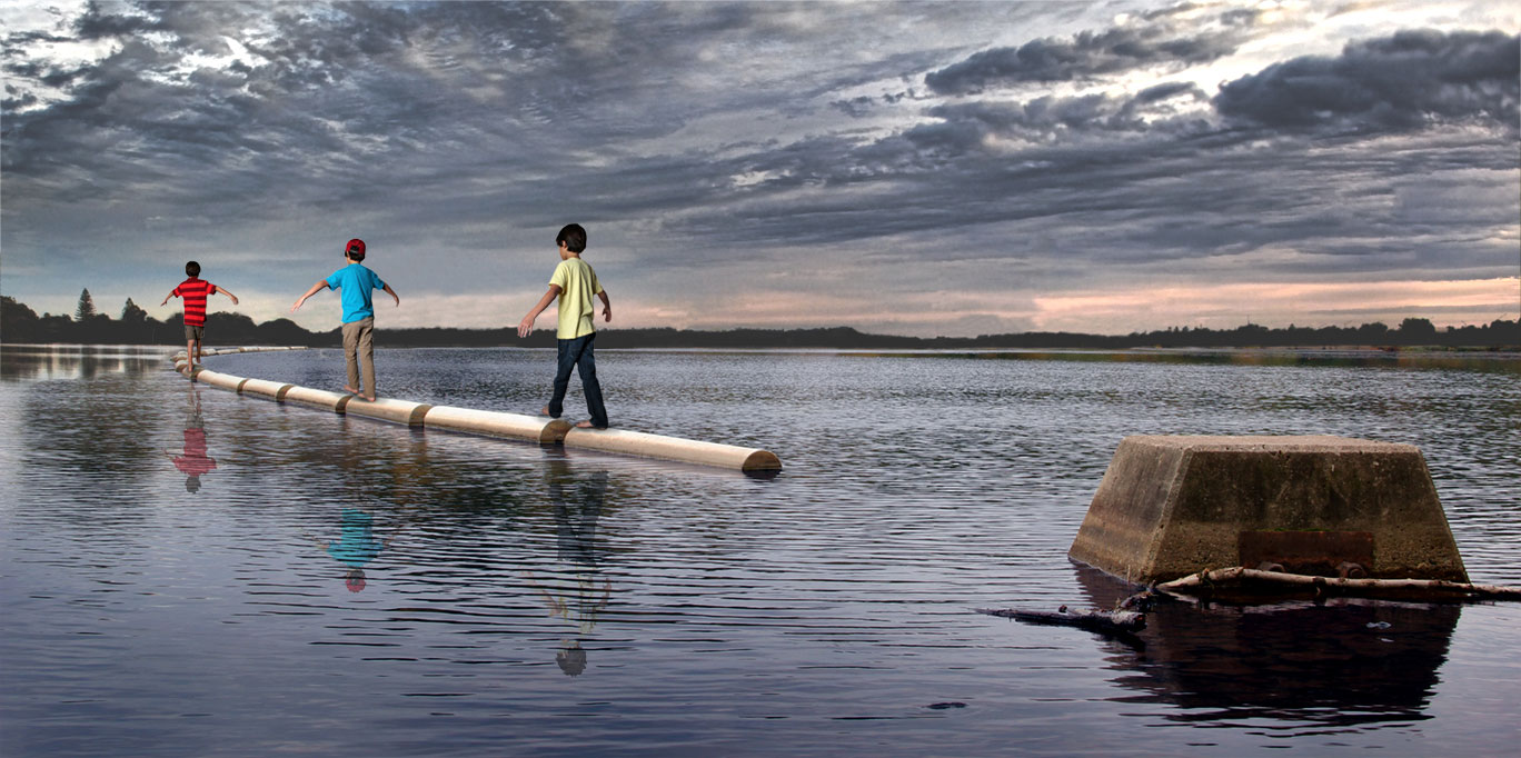 Composite image of multiple boys walking along buoys in the middle of a lake