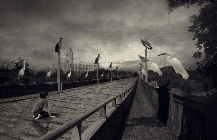 Composite photography of boy on raft floating across a bridge with large birds lining the walls