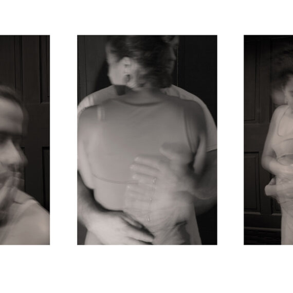 A triptych image of people in motion